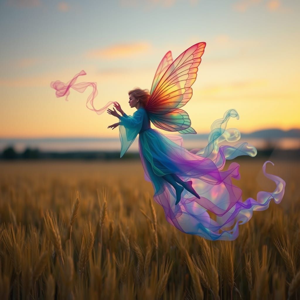Smokey Fairy Flight Over Golden Wheat Field