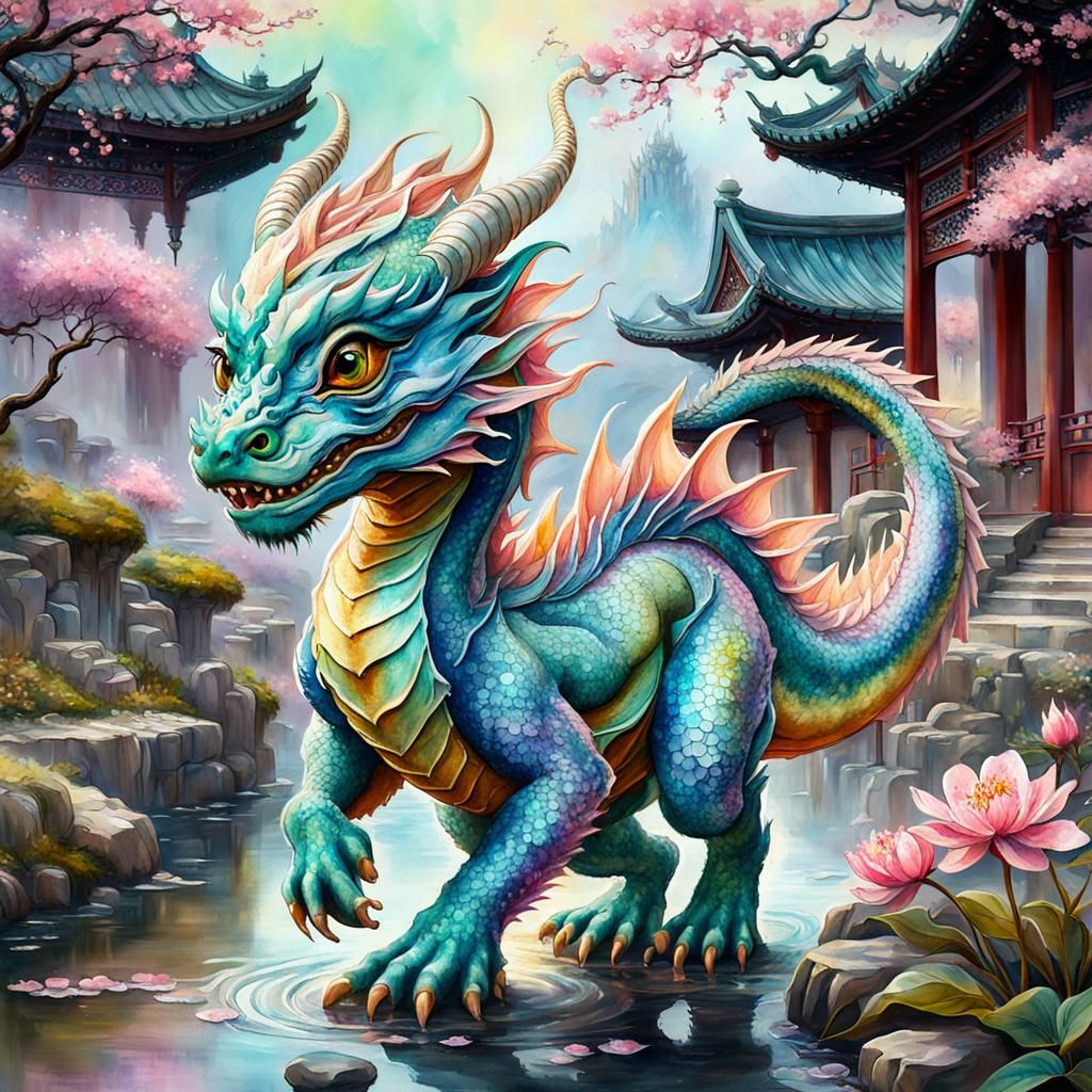 Chinese Dragon Blossom: Stylized Watercolor A.I Art