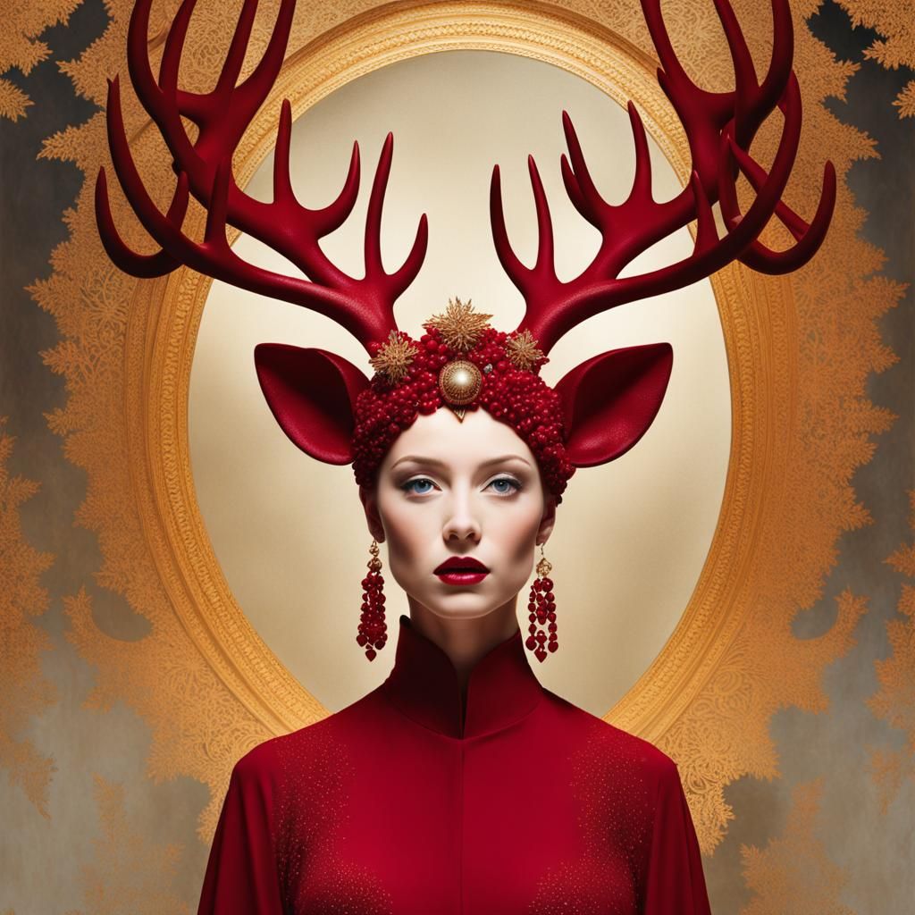 Surreal Goddess Enchants Majestic Reindeer in Bold, Daliesqu...