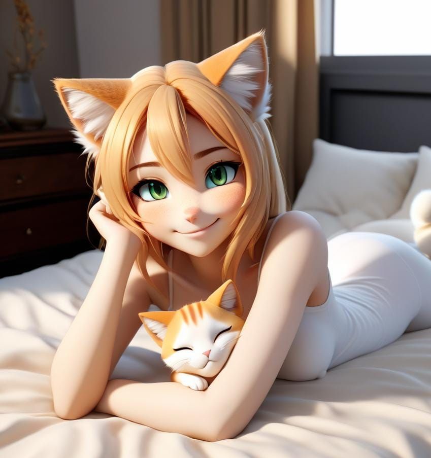 Anime Sand Cat Girl on Pillow, Manga Style