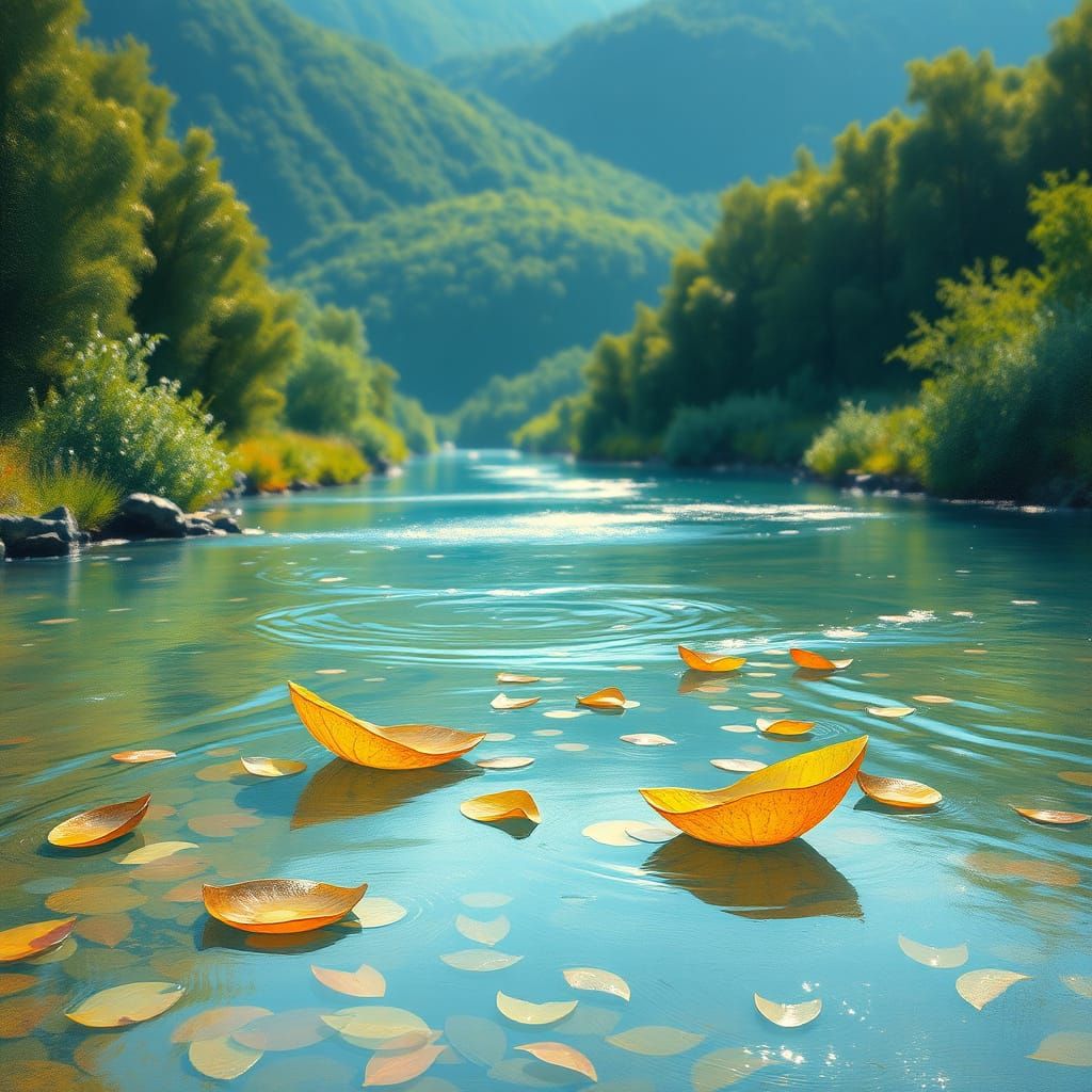 Imagine a tranquil river flowing through a lush valley, with...