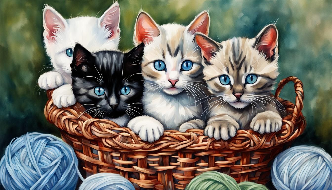 Cute Kittens Playing with Yarn in Digital Art