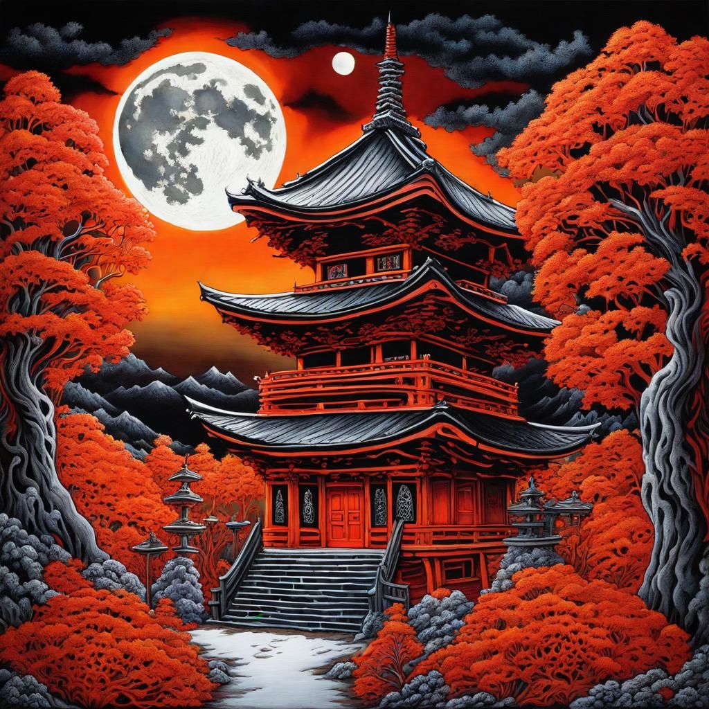 Gothic Shinto Shrine in Winter, Graffiti Art Style