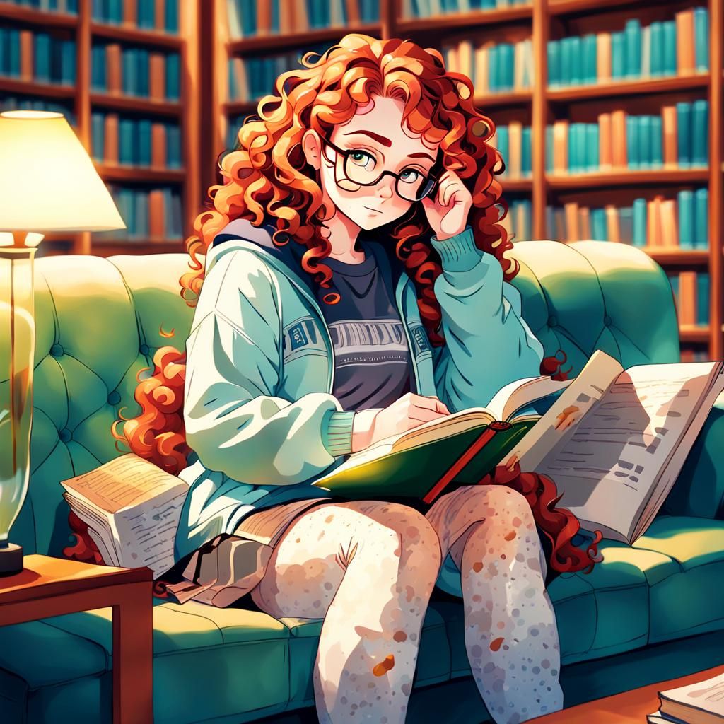 Freckled Anime Girl Reading in Library, Manga Illustration
