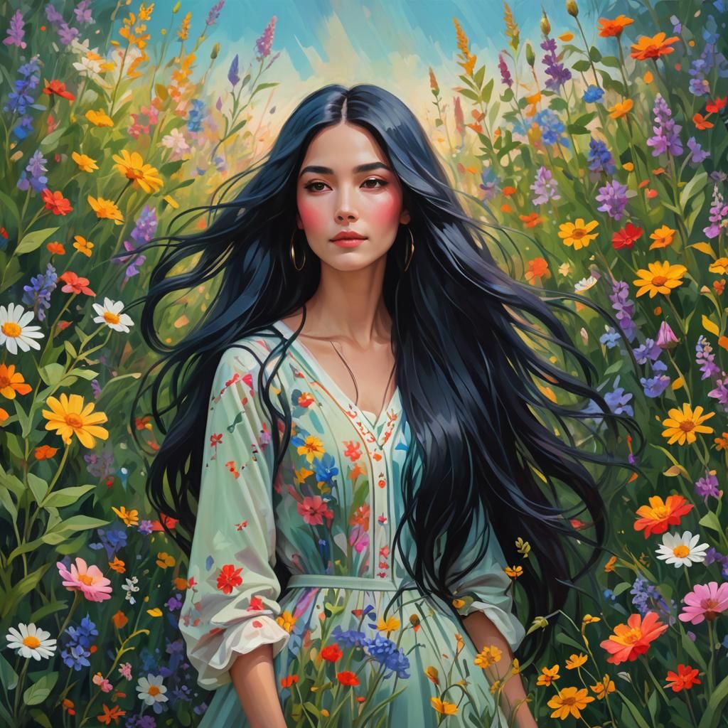 Dreamy Woman with Wildflowers in Pastel Painting