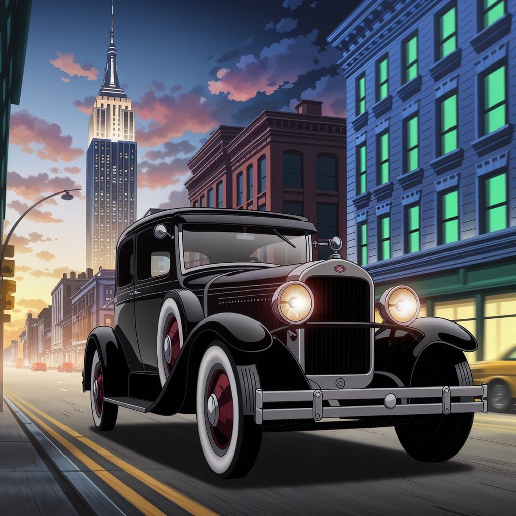 Vintage Automobile Cruises by Empire State Building in Retro...