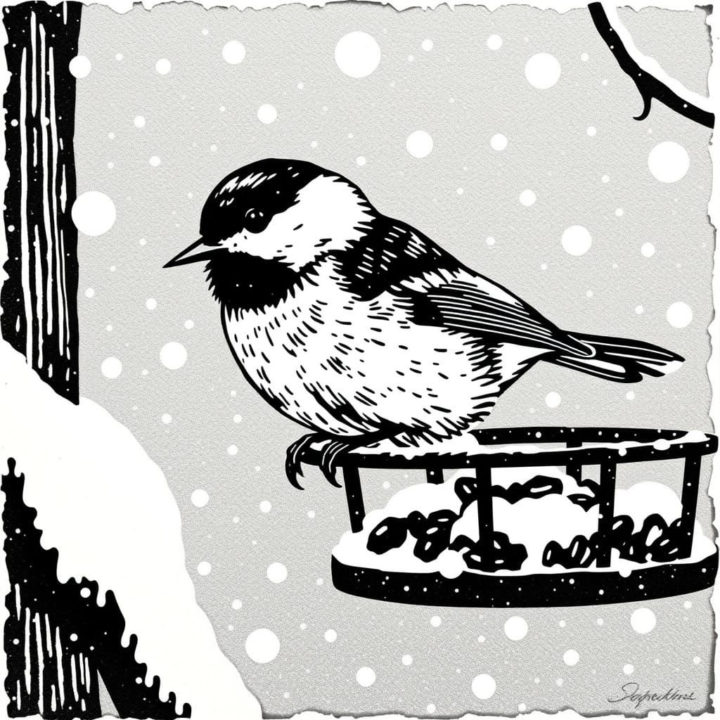 Snowy Dawn Scene with Black Capped Chickadee in Relief Print