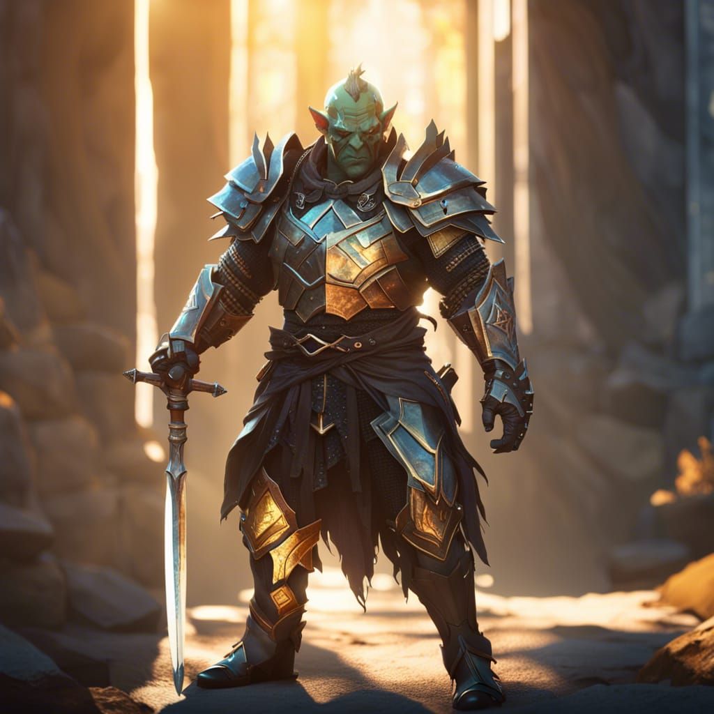 Armored Half-Orc Warrior in Detailed Cinematic Lighting