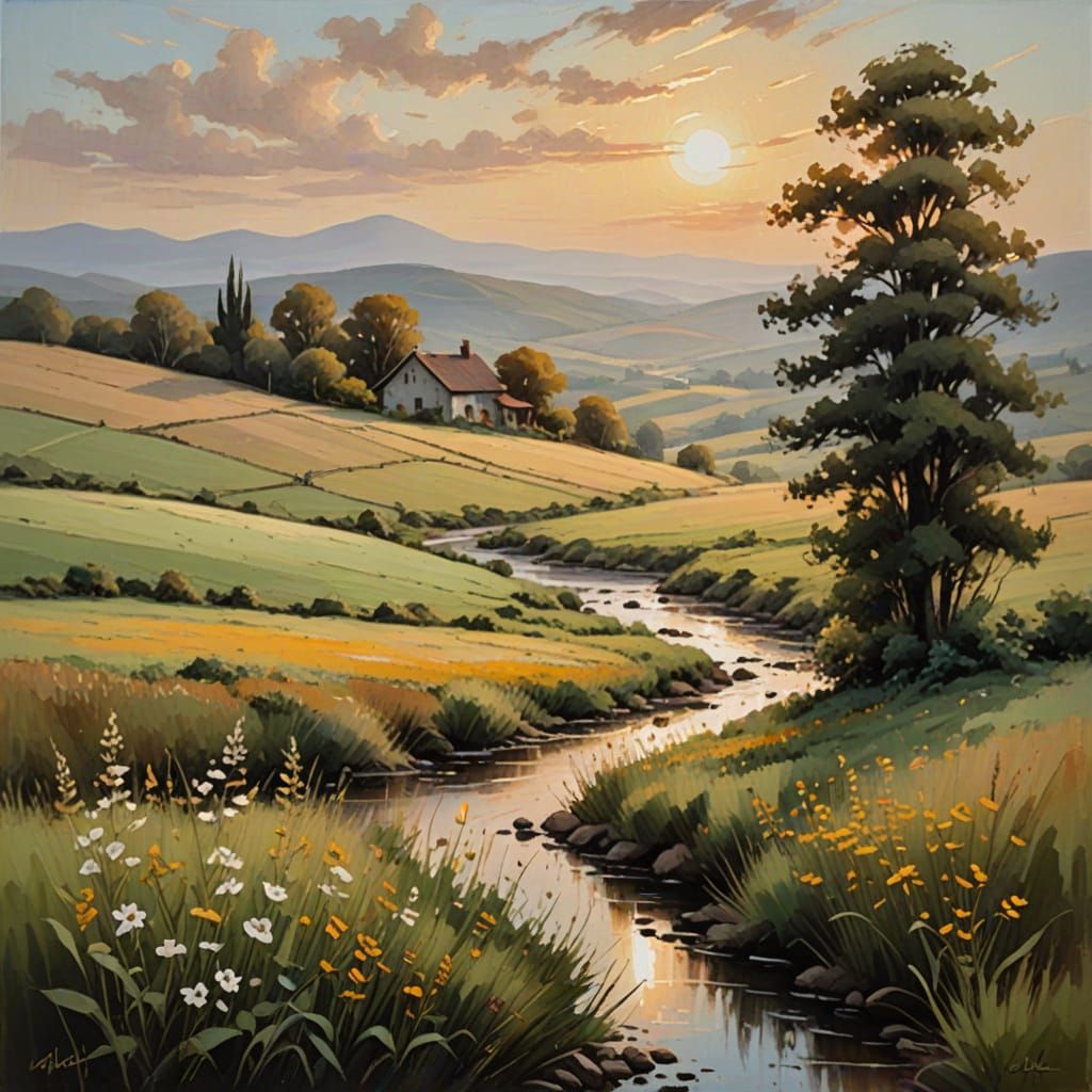 Golden Hour Countryside in Luminous Realism