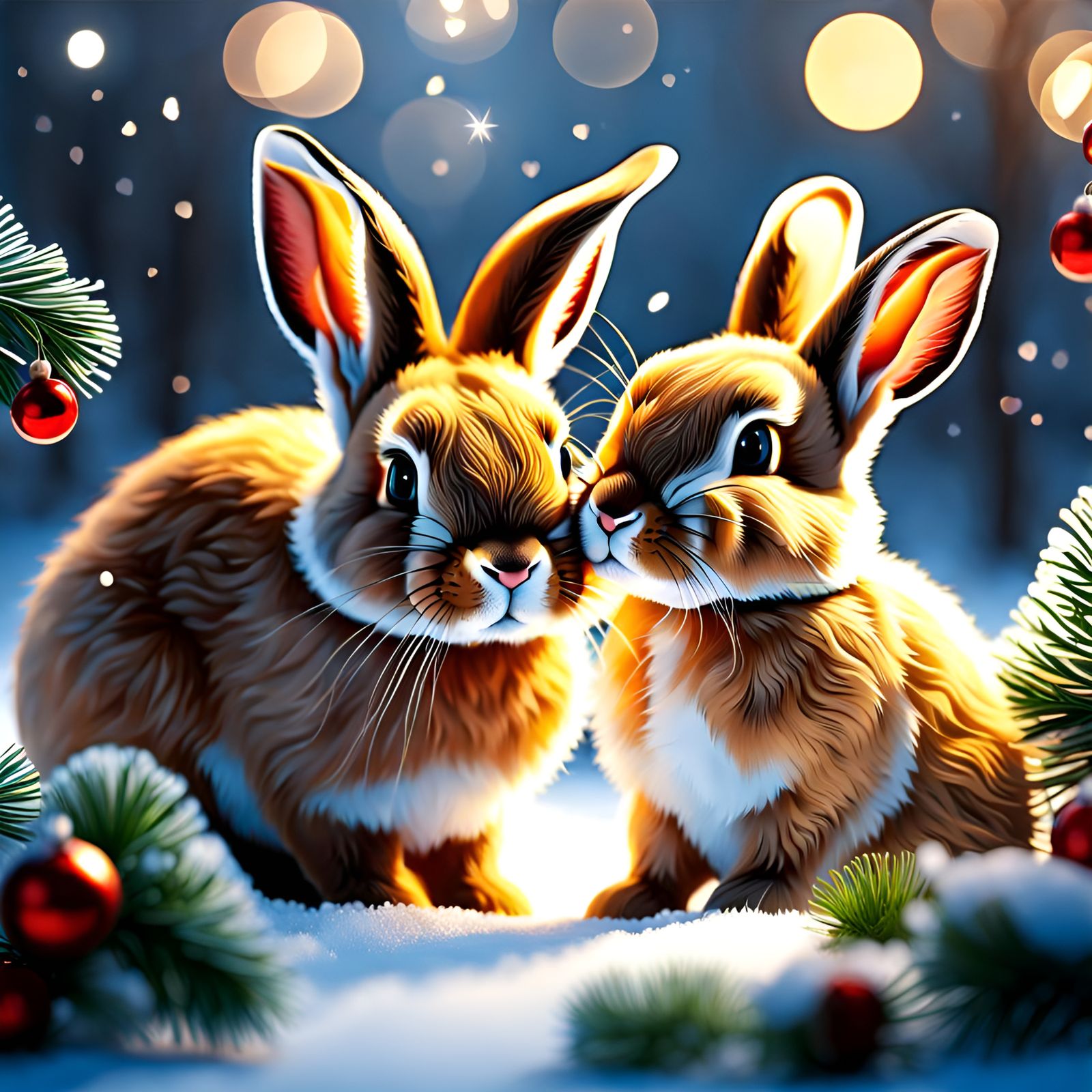 Rabbits Kissing Under Mistletoe in Snowy Scene