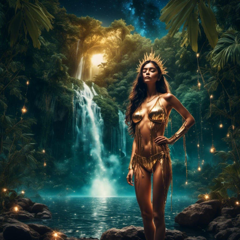 Persian Princess in Rainforest Oasis Under Starry Sky
