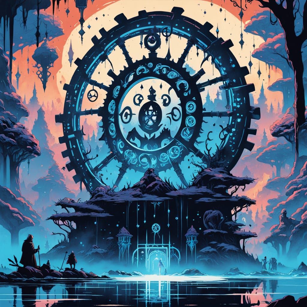Ancient Waterwheel Oracle in Vibrant Pulp Comic Style