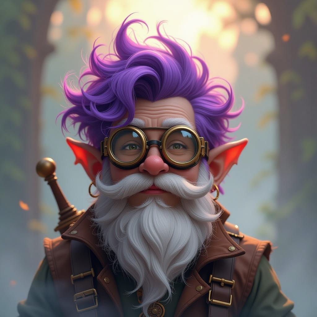 Gnome with Purple Hair in Dreamlike Fantasy Scene