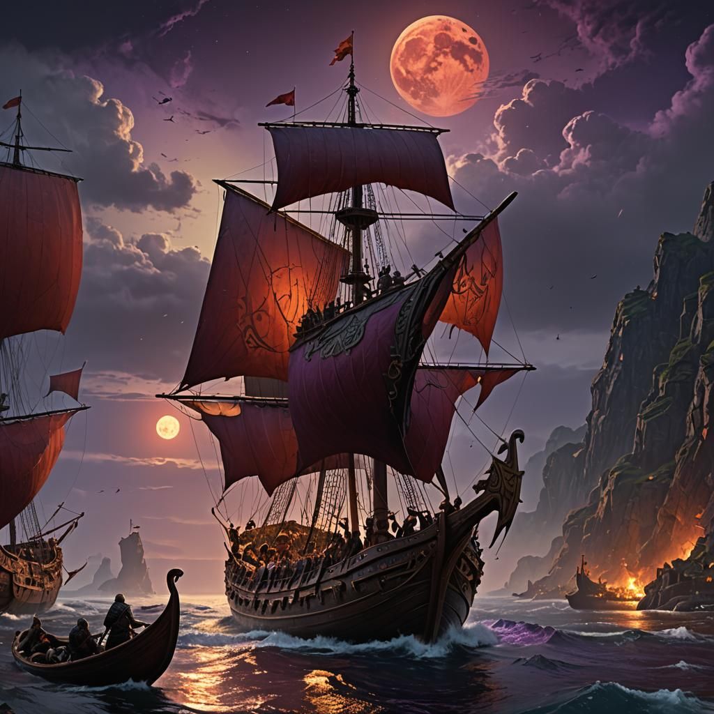Viking Longships Under a Blood Red Moon