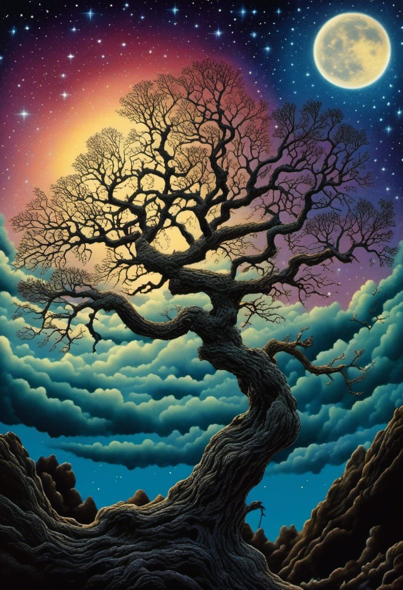 Intricate Tree Branch Silhouette in Surreal Pointillism