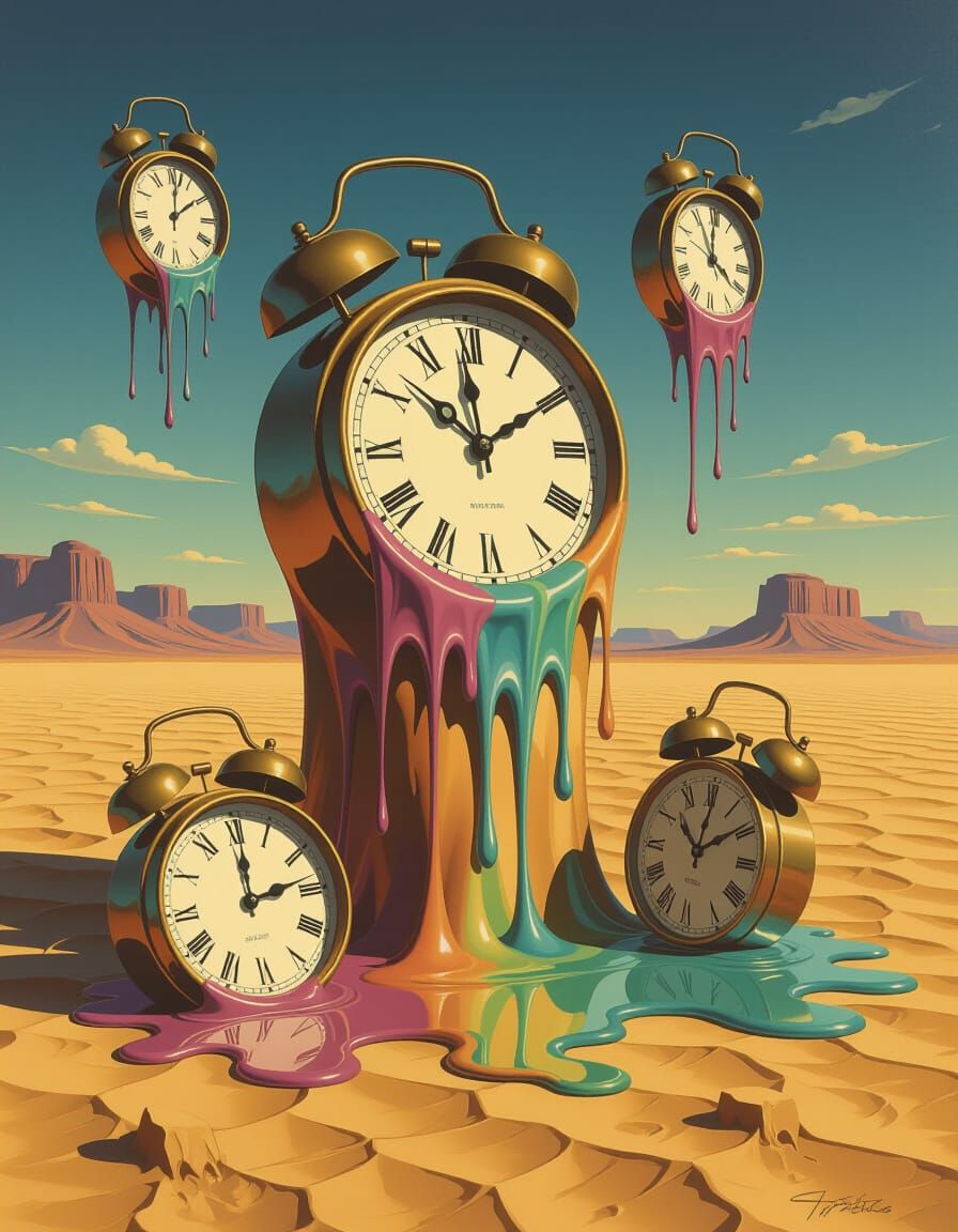Surreal Melting Clocks in Dreamlike Desert Landscape