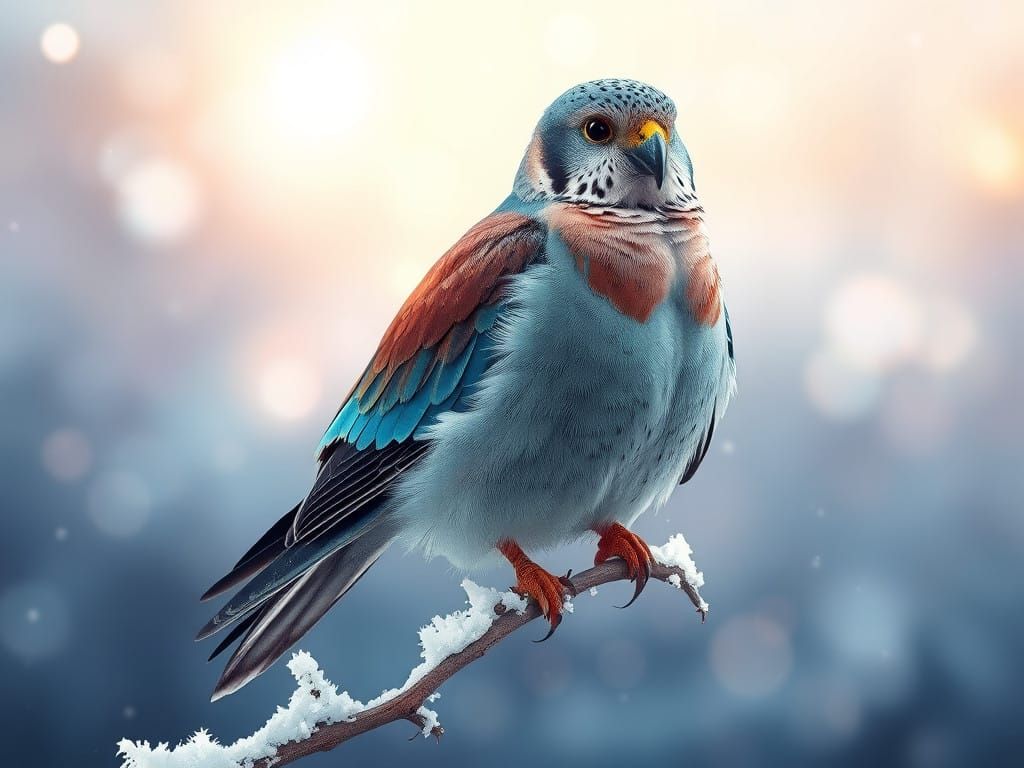 Mysterious Winter Kestrel Perched on Iridescent Branch