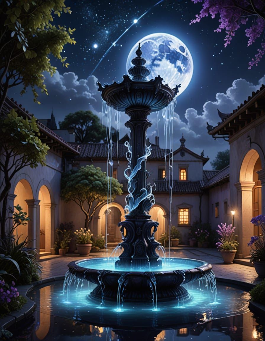 Glowing Fountain with Bioluminescent Night Sky Reflections