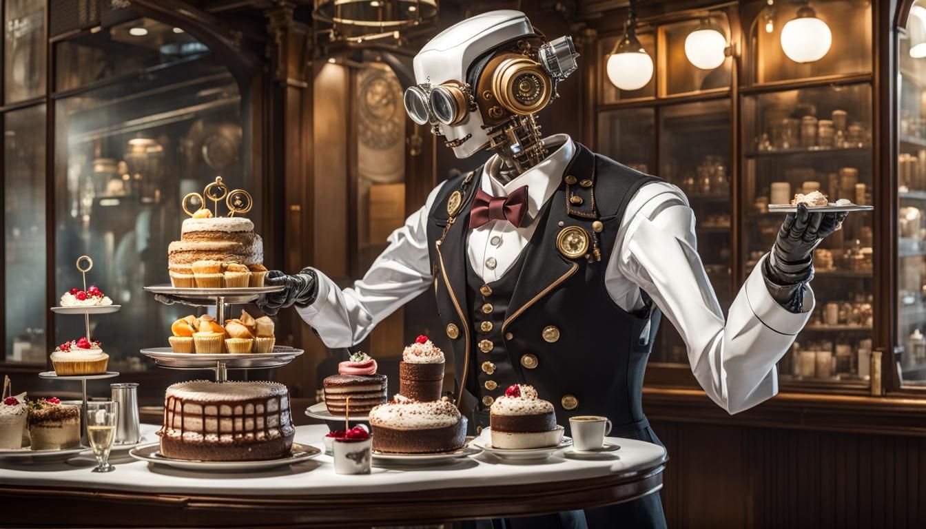 Steampunk Robot Butler Serving Cakes in Tokyo