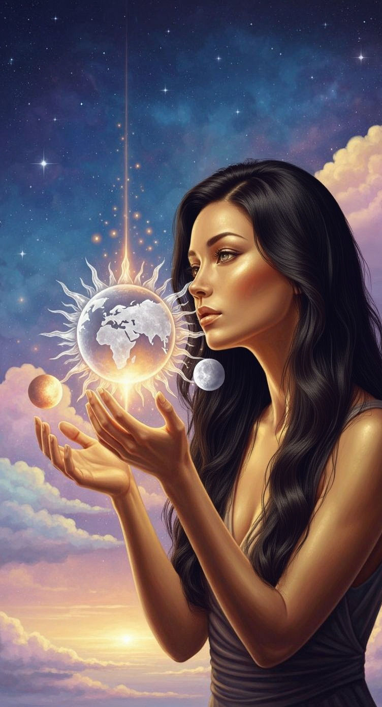 Mystical Woman Holding Celestial Orb: Digital Art Portrait