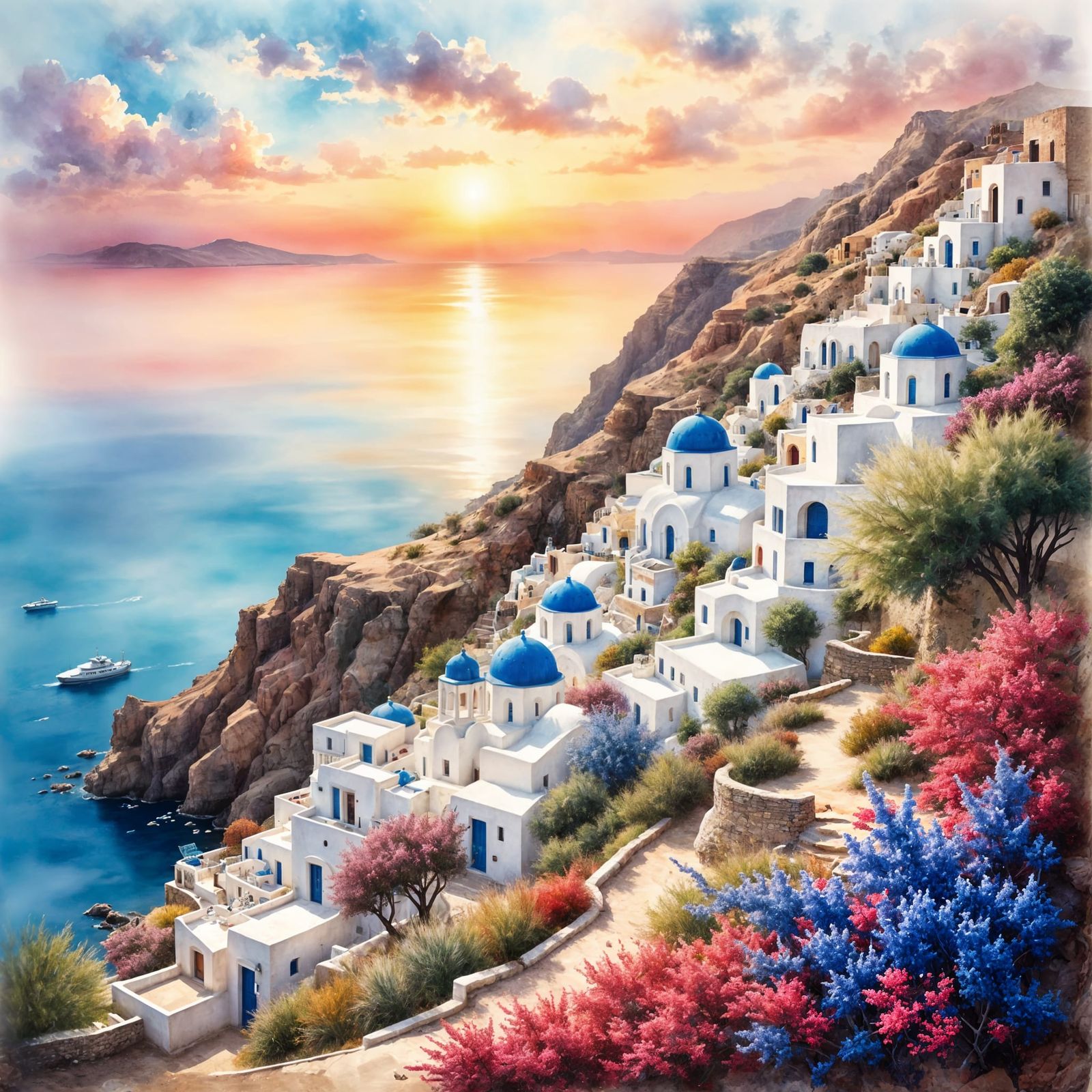 Santorini Sunset in Antique Watercolor Style
