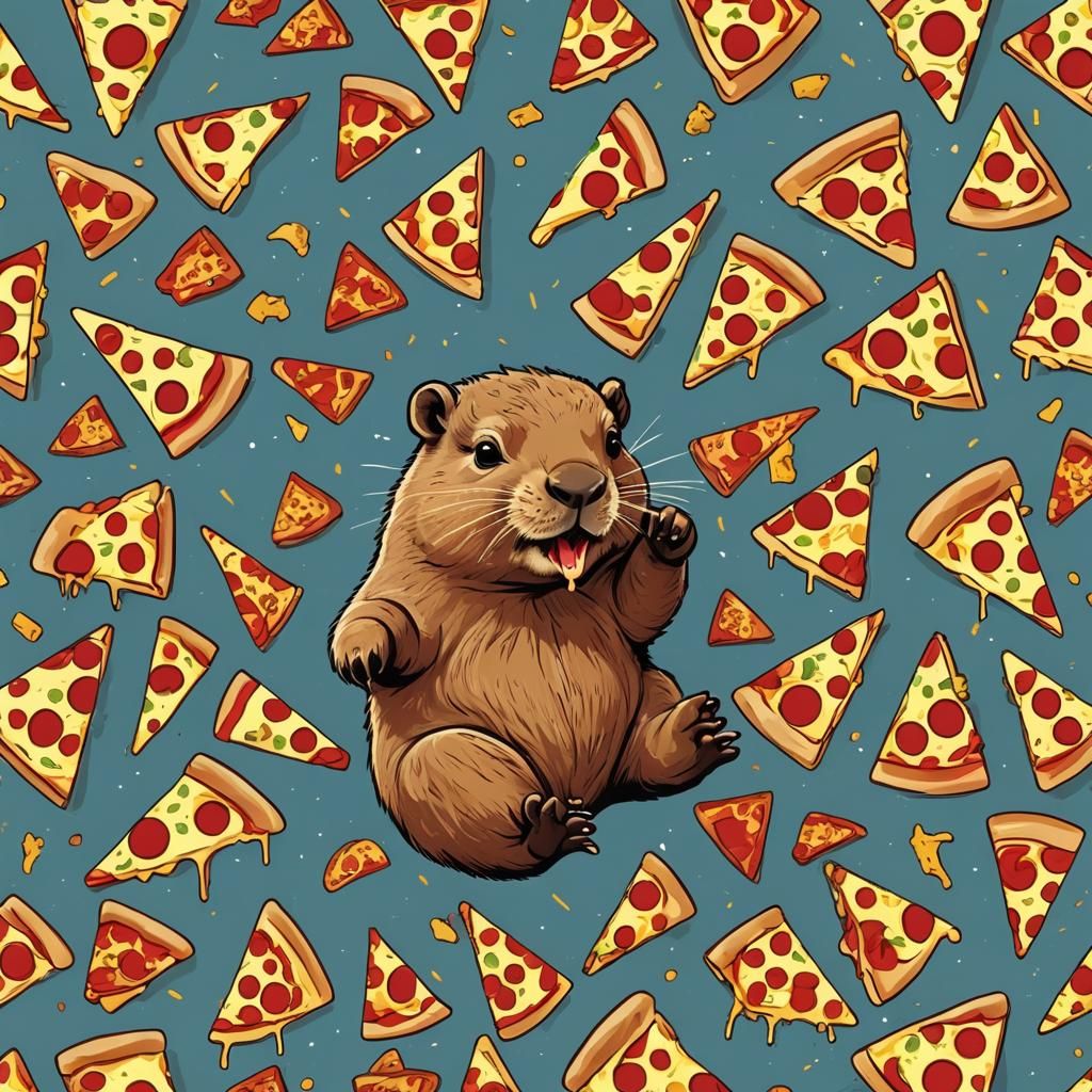 Capybara Baby Eating Pizza in Pop Art Style