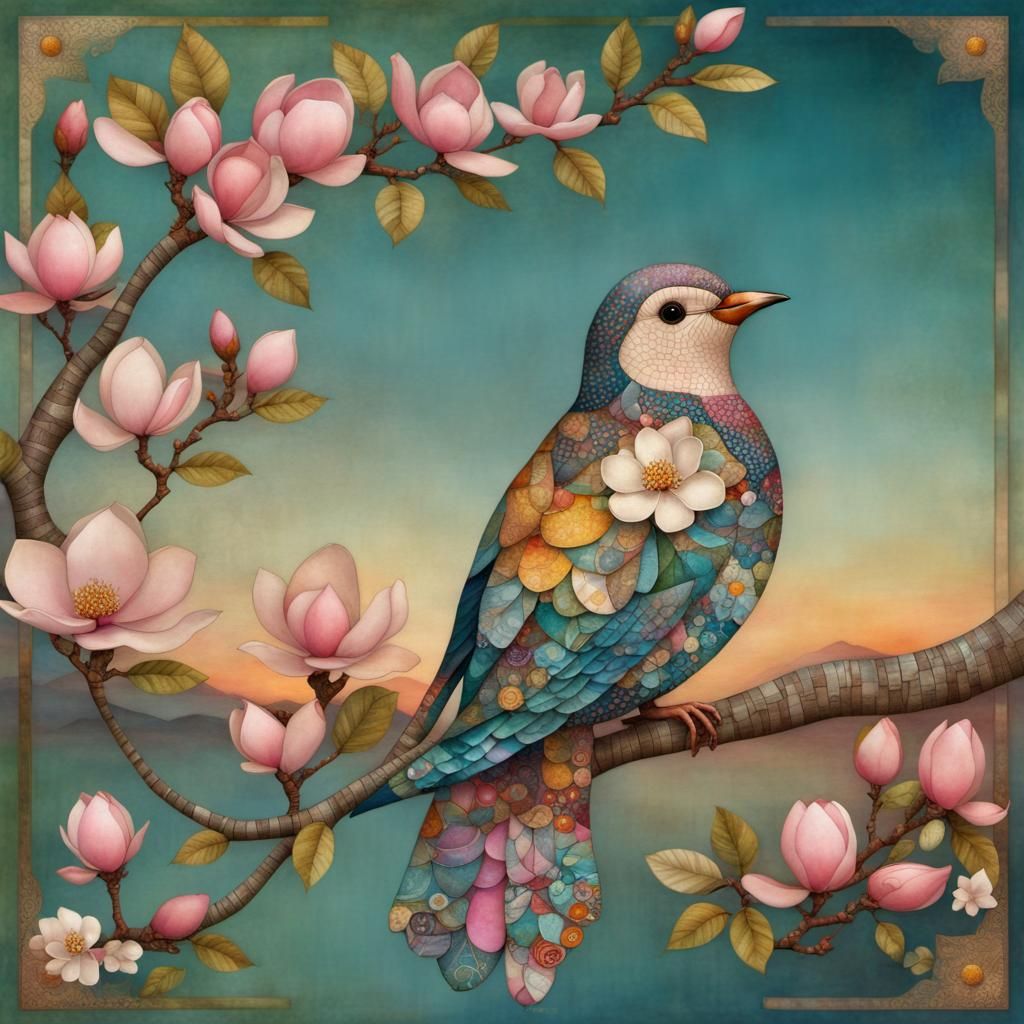 Colorful Patchwork Bird on Magnolia Branch in Folk Art Style