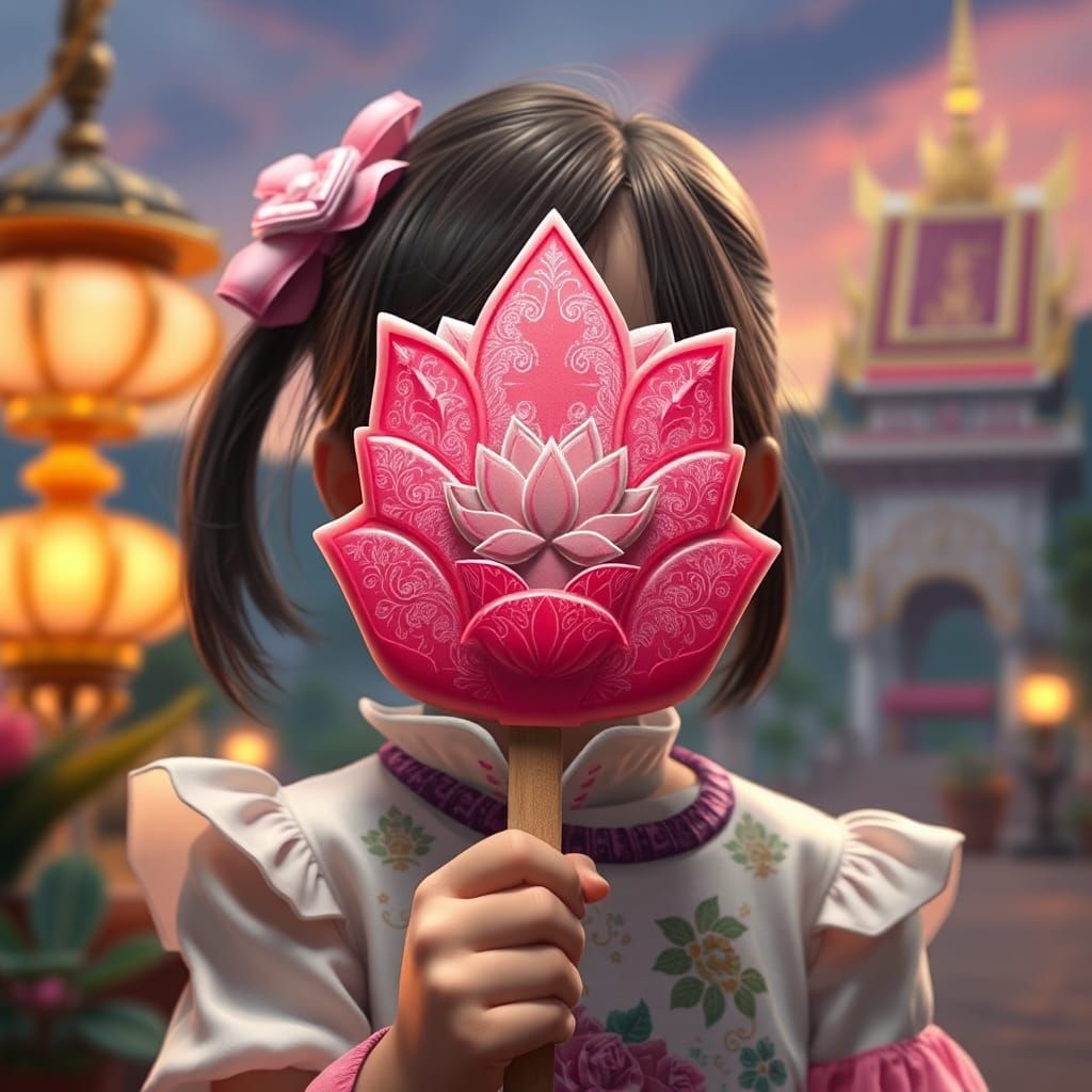 Japanese Girl with Lotus Ice Cream, Thai Backdrop