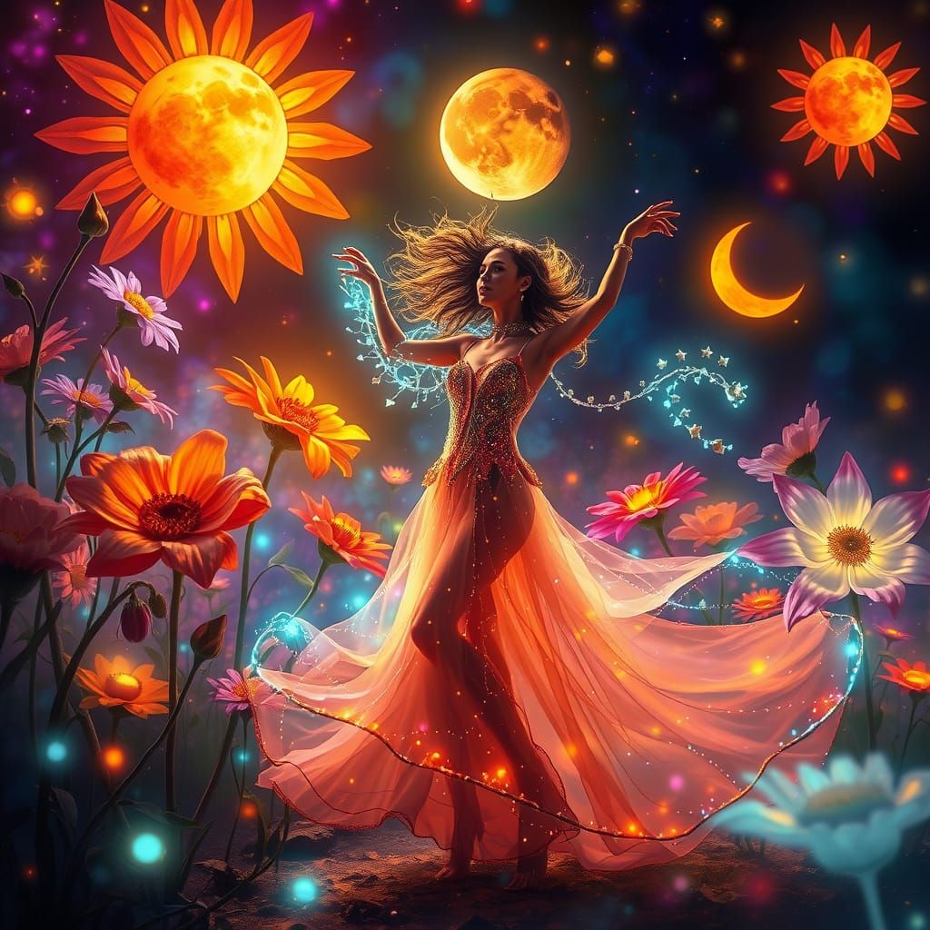Surreal Digital Art of Woman Dancing Among Celestial Flowers