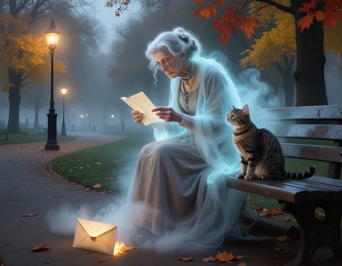 Ghostly Figure Reads Mystery Letter in Misty Park
