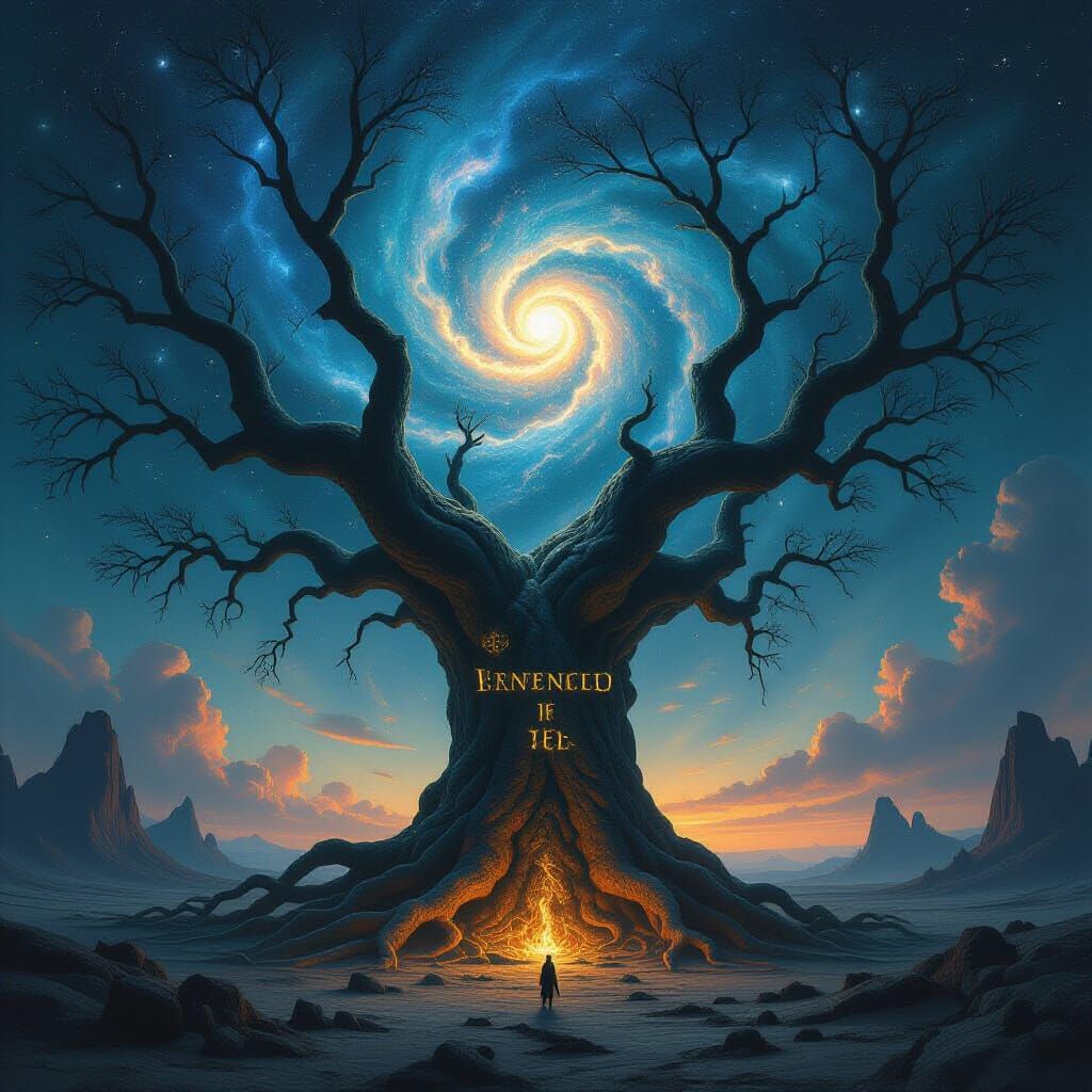 Ancient Cosmic Tree With Glowing Runes in Alien Landscape