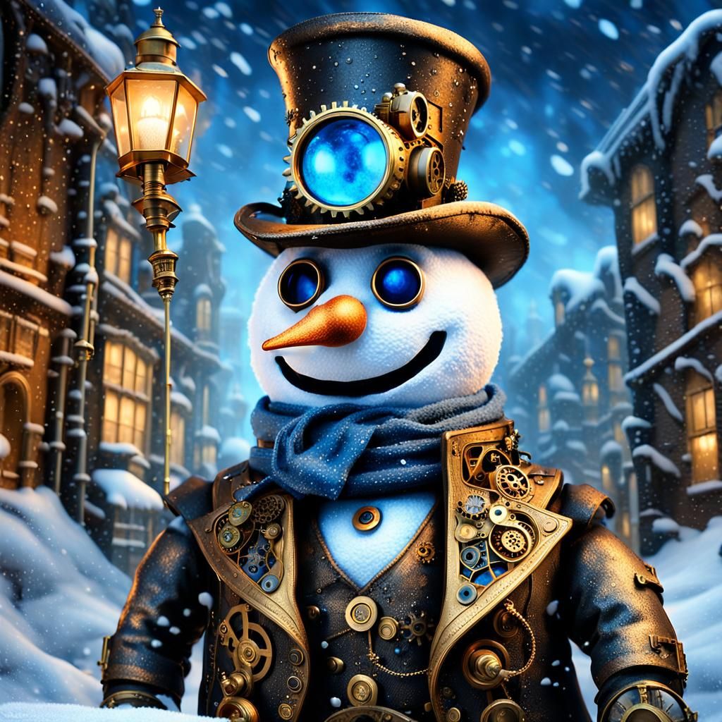 Steampunk Snowman in Victorian-Era Alleyway