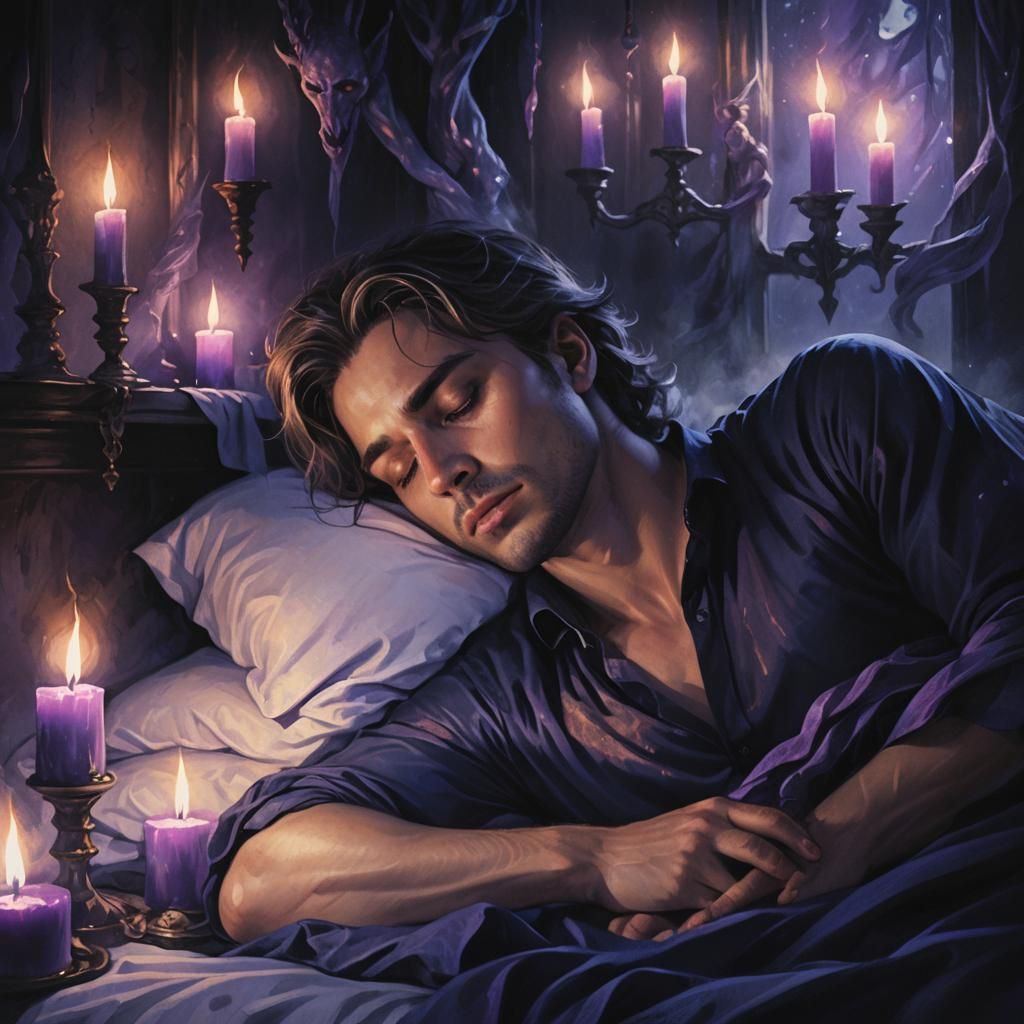 Eerie Spirits Surround Sleeping Man: Dark Fantasy Art