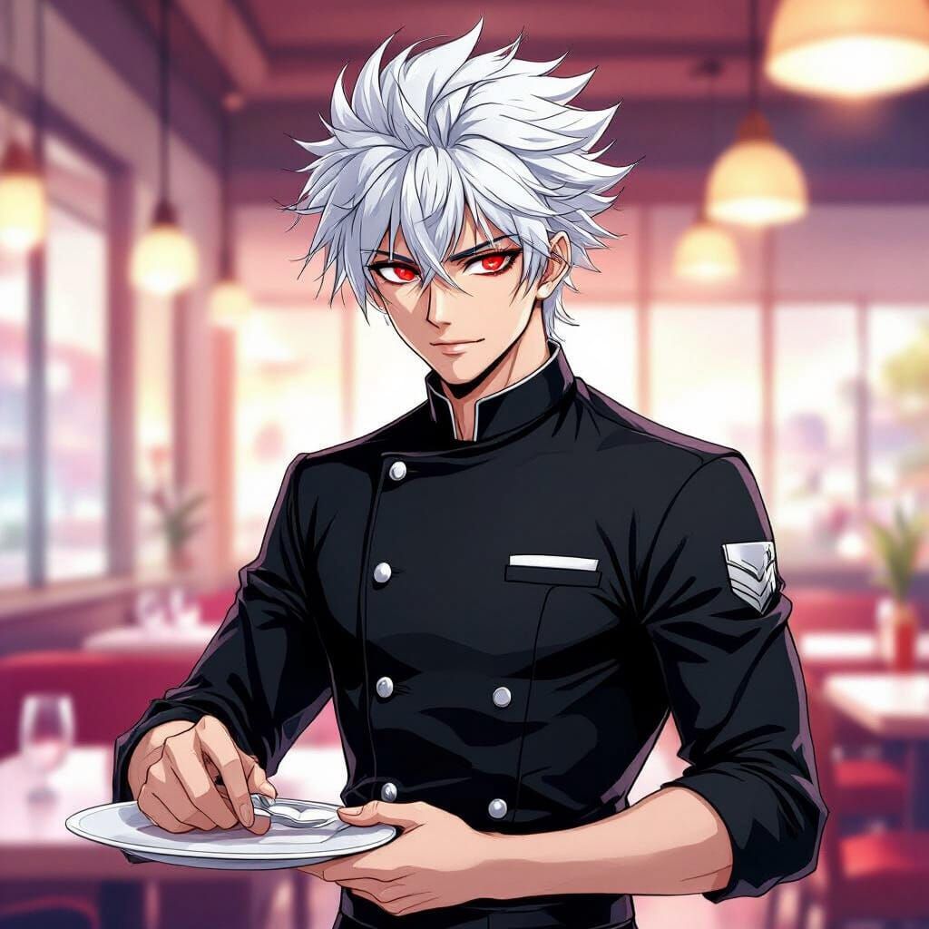 Anime-Style Young Man in Waiter Uniform