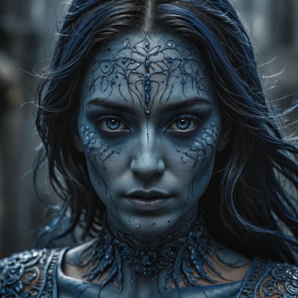Hyperrealistic Blue Woman with Intricate Details