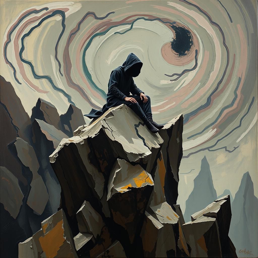 Hooded Figure on Abstract Rock, in Surrealist Style