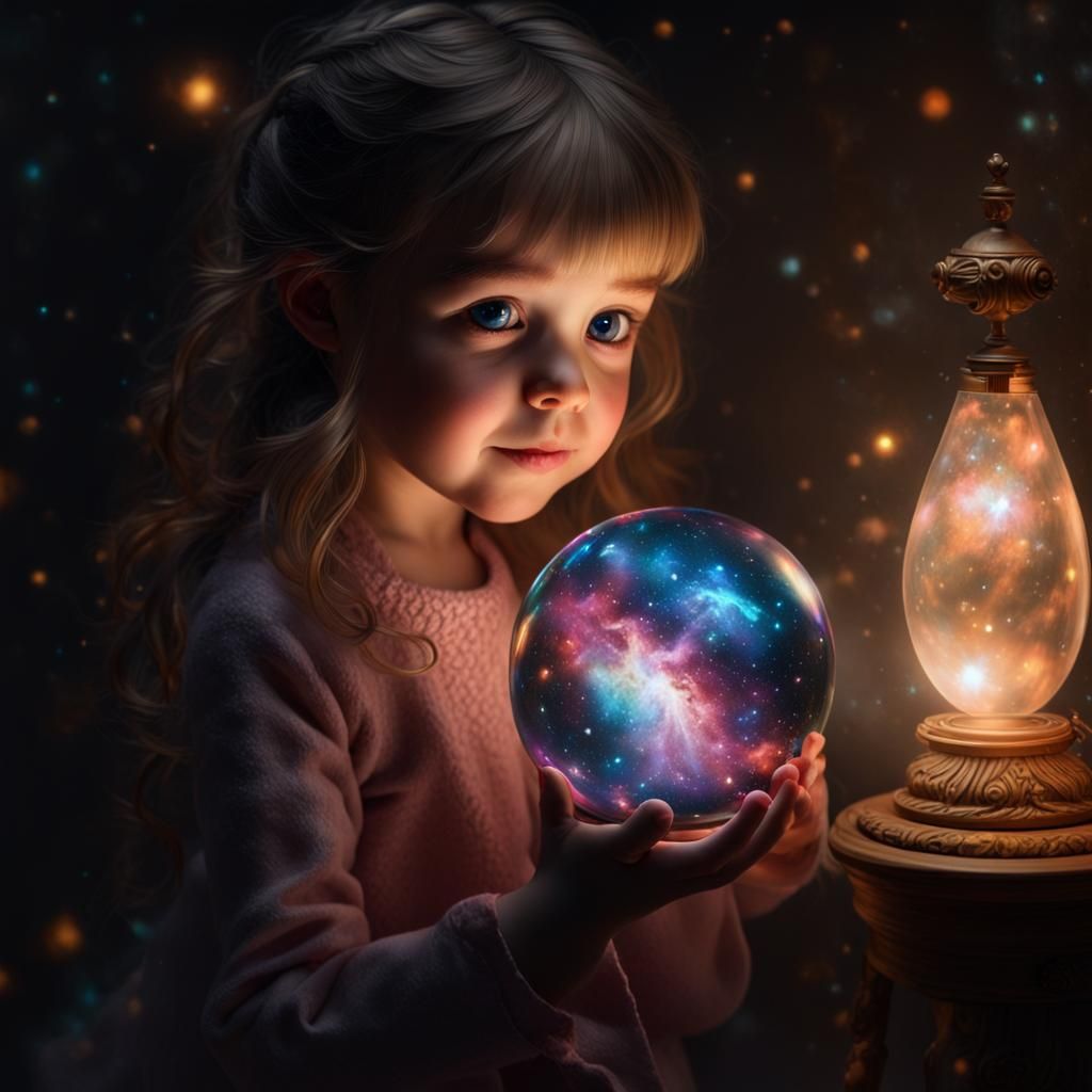 Girl Holds Galaxy Orb: Impasto Oil Painting
