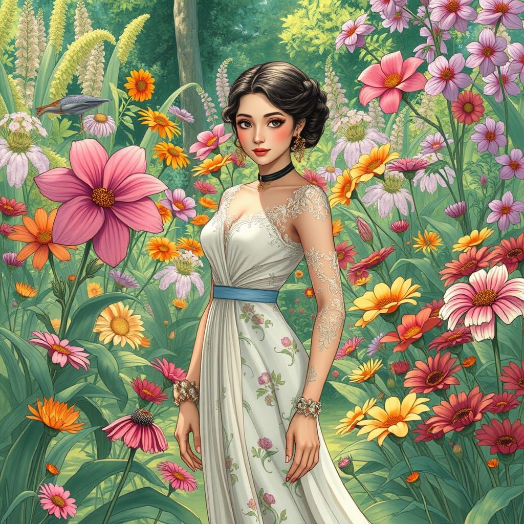 Elegant Woman in Lush Garden: Fantasy Art