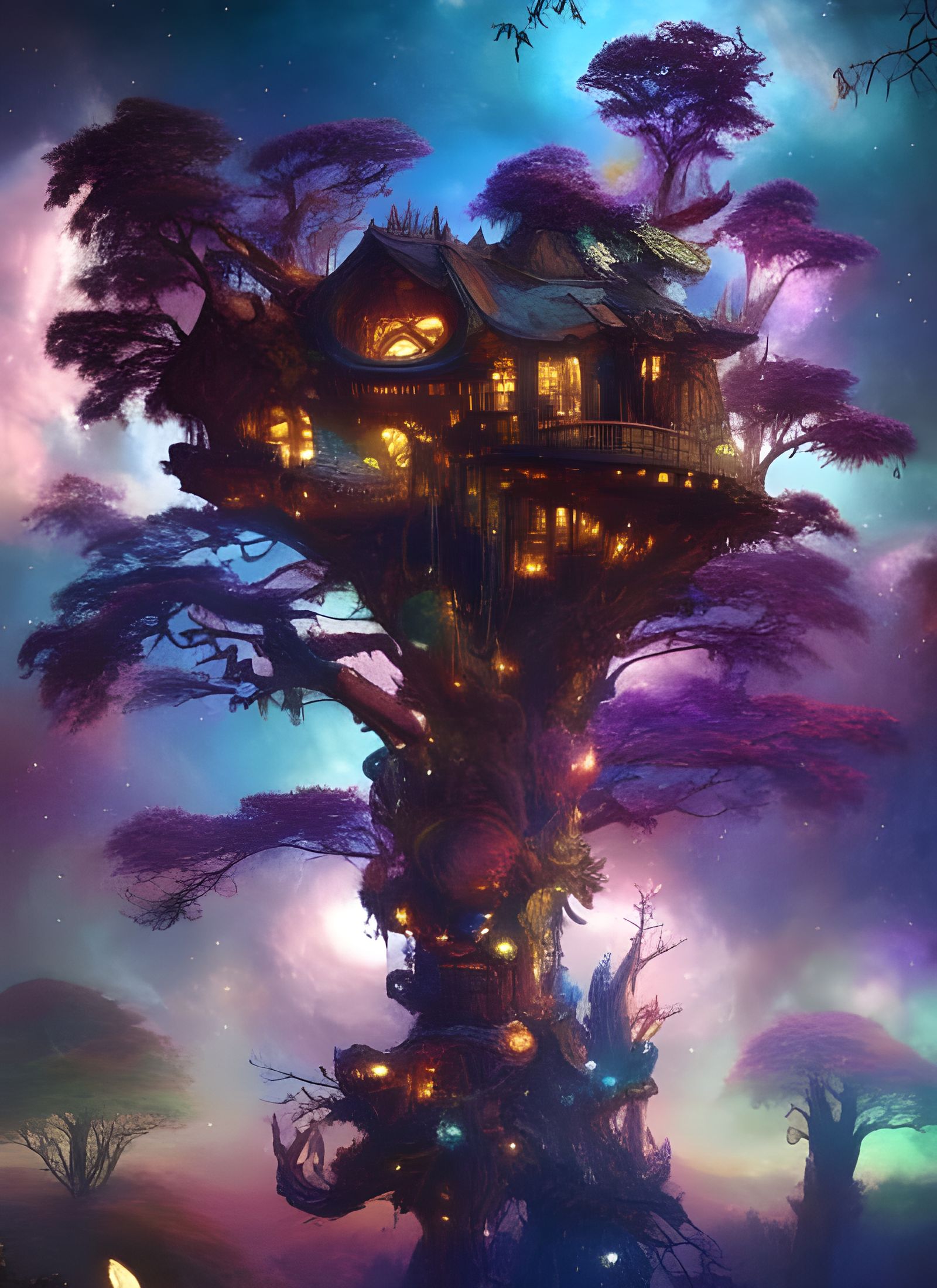 Cosmic Treehouse in Galaxy: Hyperrealistic Fantasy Art