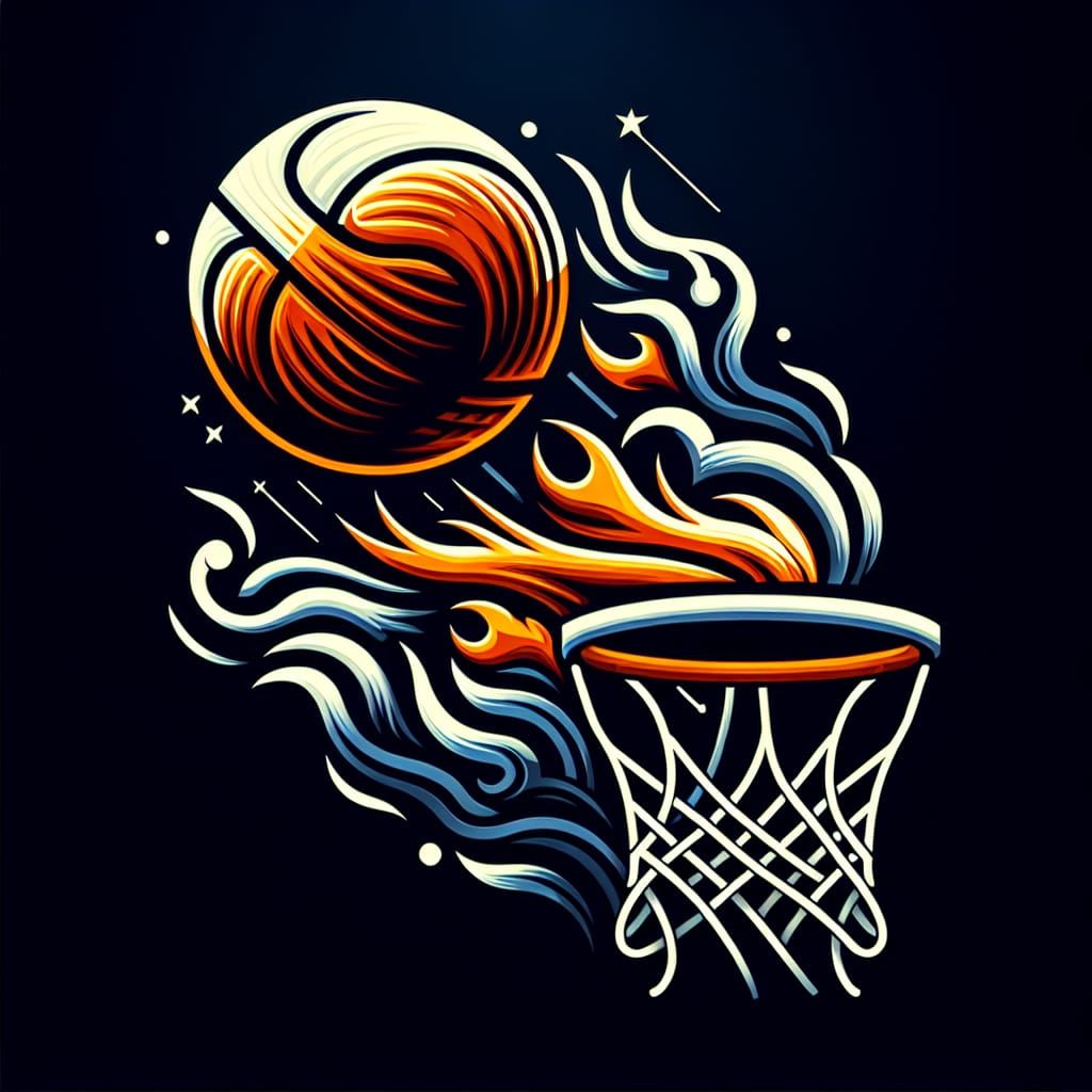Flaming Basketball Soaring Through Hoop: Street Art Style