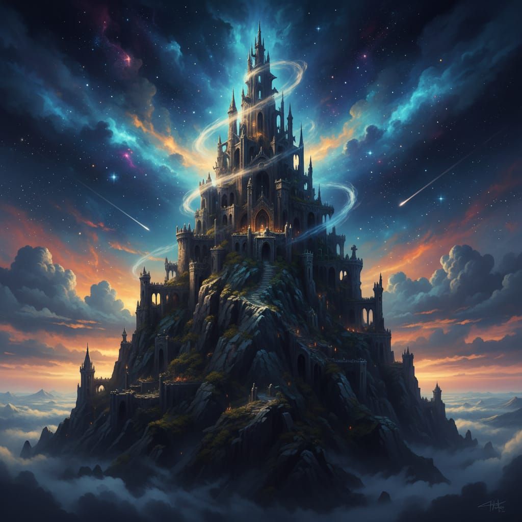 Nebula-Lit Castle on Mountain Peak in Digital Painting Style