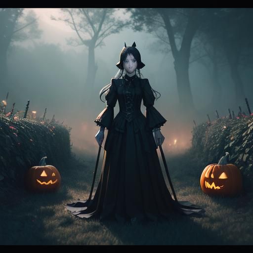 Surreal Anime Witchcraft in a Pumpkin Patch