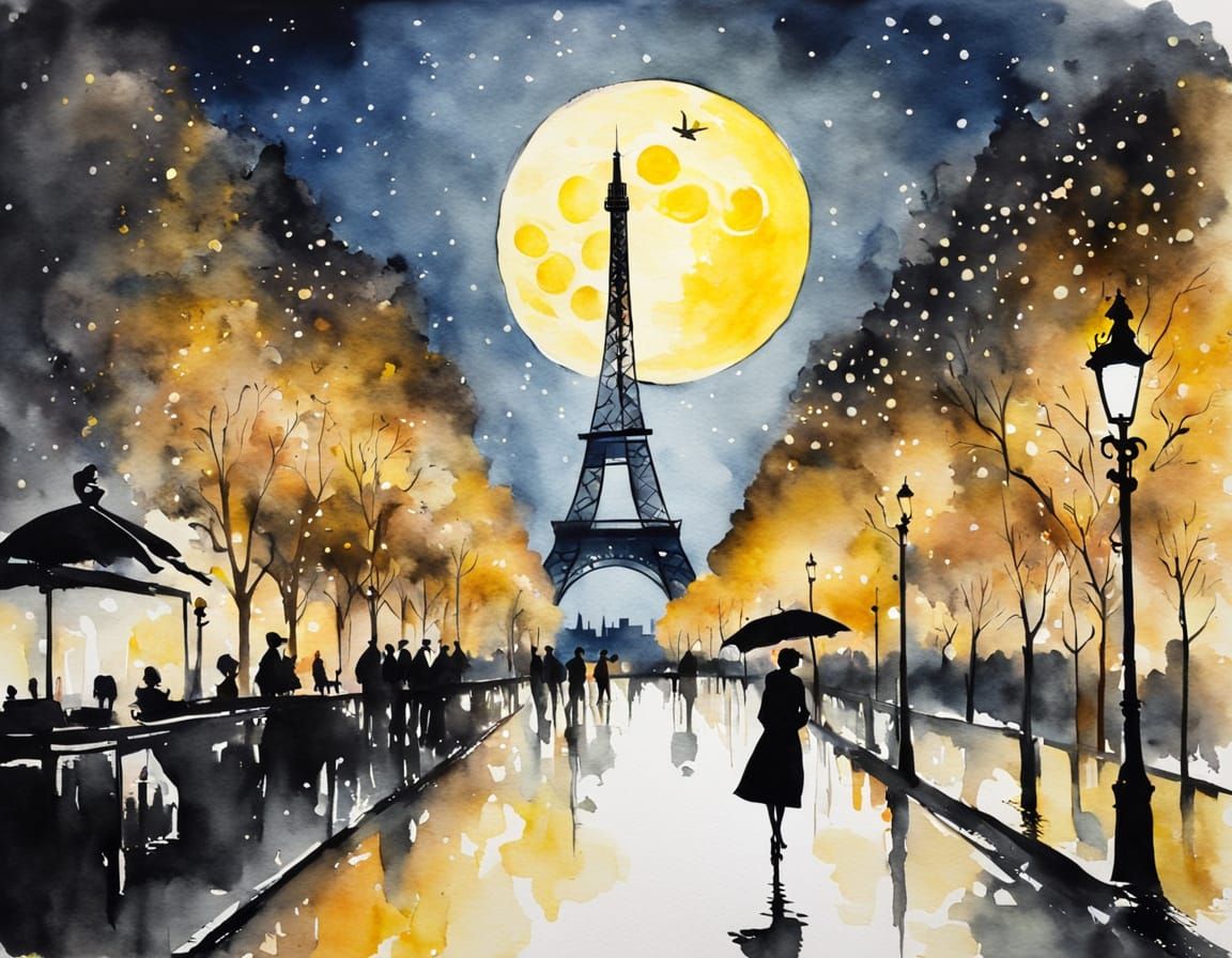 Dreamy Paris Moonlight Watercolor Painting