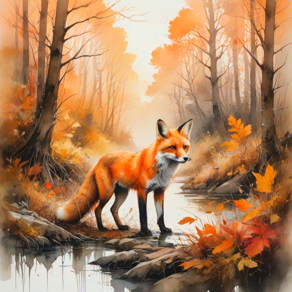 Surreal Autumn Landscape in Expressive Watercolor Style