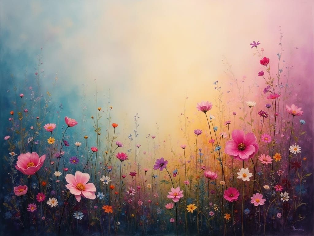 Vibrant Floral Dreamscape in Mixed Media Oil Painting