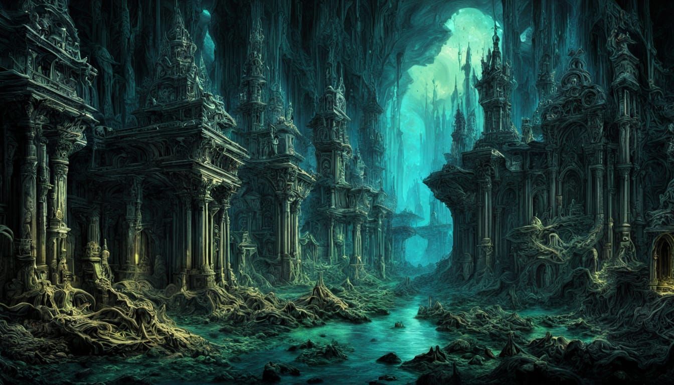 Bioluminescent Underwater City on Ancient Coral Reef