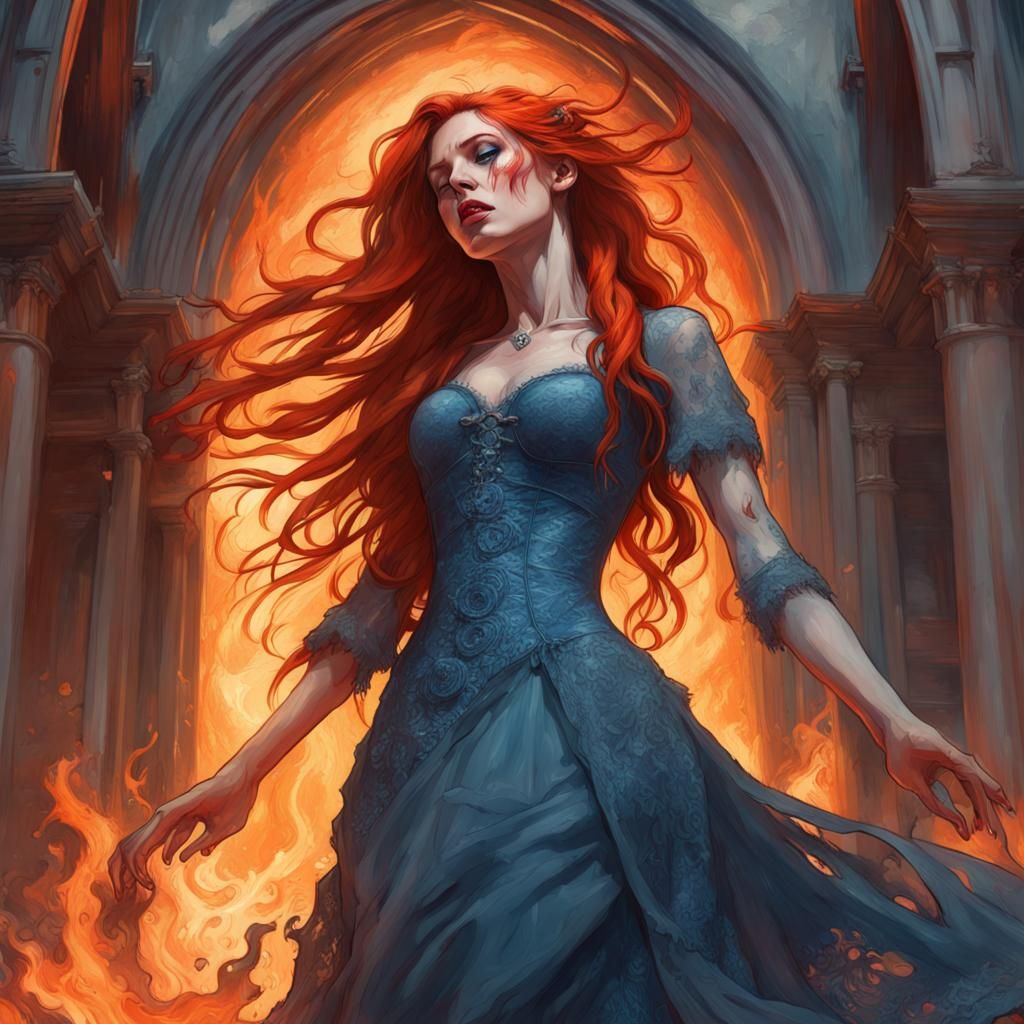 Gothic Bride Crying Before Burning Church