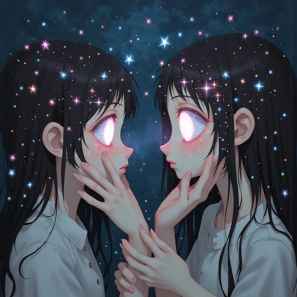 Surreal Anime Girls Holding Hands in Dream Landscape