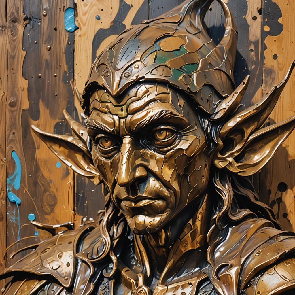Bronze Elf Graffiti Art in Oil Gouache Style