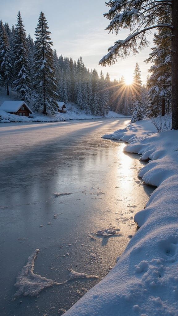 Ethereal Winter Lake Scene in Nordic Style